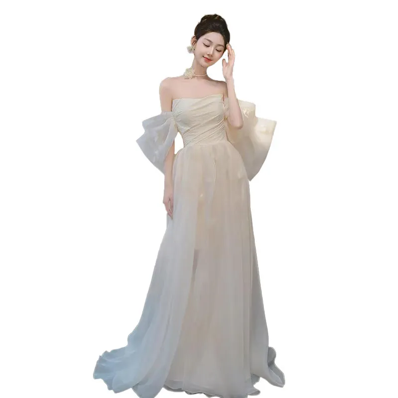 Elegant Off-Shoulder Bridal Robe & Wedding Welcome Dress - Light Luxury Yarn Evening Gown for Brides & Banquets - Image 5