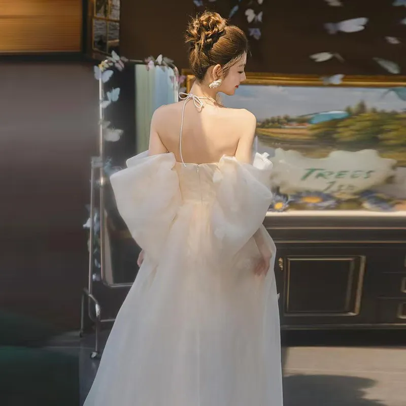 Elegant Off-Shoulder Bridal Robe & Wedding Welcome Dress - Light Luxury Yarn Evening Gown for Brides & Banquets - Image 4