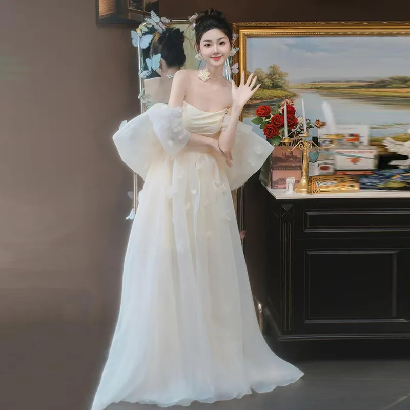 Elegant Off-Shoulder Bridal Robe & Wedding Welcome Dress - Light Luxury Yarn Evening Gown for Brides & Banquets - Image 2