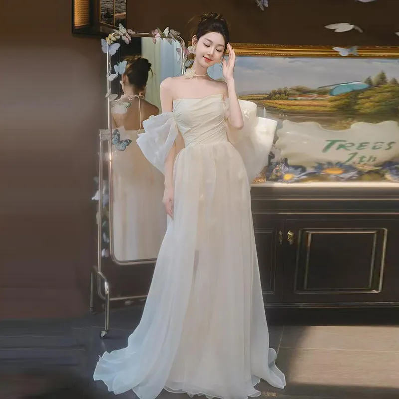 Elegant Off-Shoulder Bridal Robe & Wedding Welcome Dress - Light Luxury Yarn Evening Gown for Brides & Banquets - Image 6