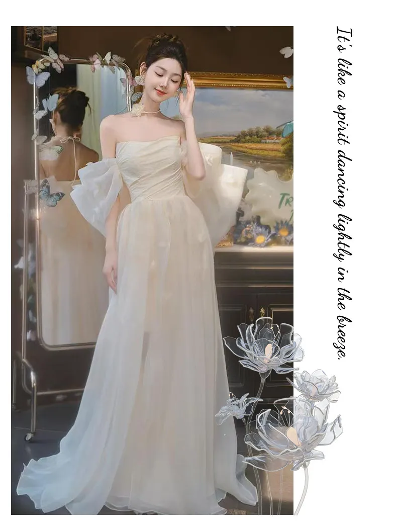Elegant Off-Shoulder Bridal Robe & Wedding Welcome Dress - Light Luxury Yarn Evening Gown for Brides & Banquets showcase 13