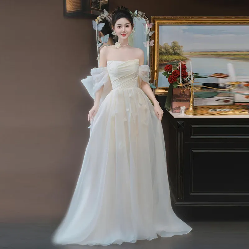 Elegant Off-Shoulder Bridal Robe & Wedding Welcome Dress - Light Luxury Yarn Evening Gown for Brides & Banquets - Image 1