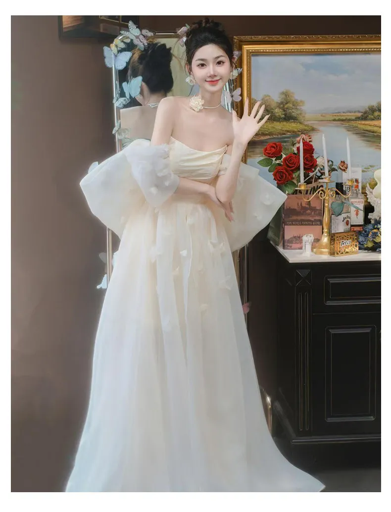 Elegant Off-Shoulder Bridal Robe & Wedding Welcome Dress - Light Luxury Yarn Evening Gown for Brides & Banquets showcase 14