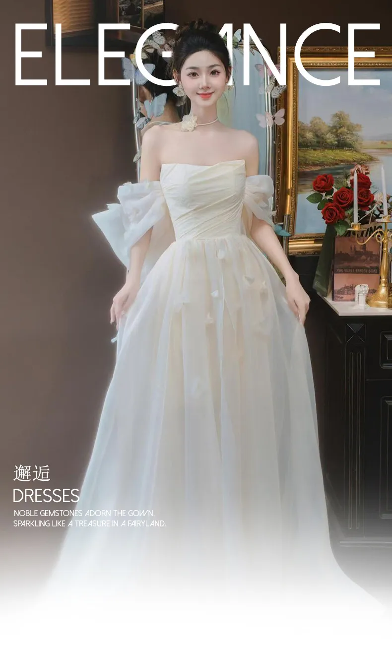 Elegant Off-Shoulder Bridal Robe & Wedding Welcome Dress - Light Luxury Yarn Evening Gown for Brides & Banquets showcase 4