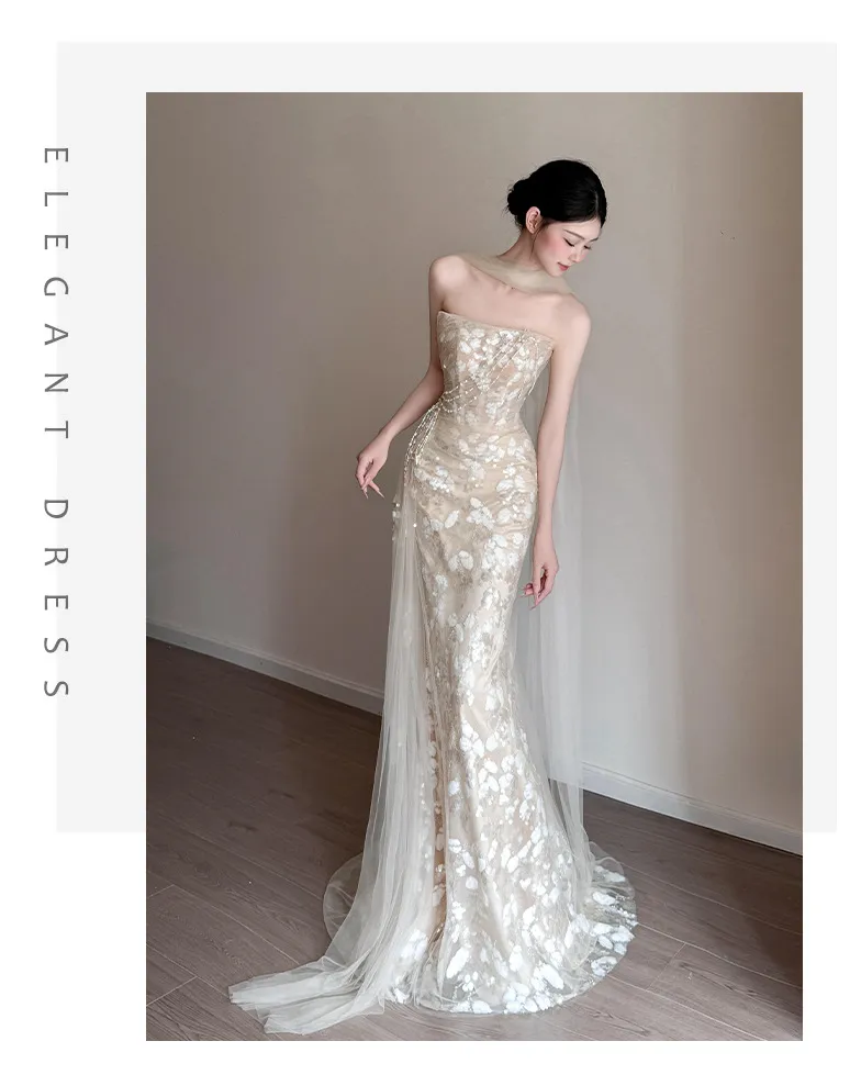 Elegant Strapless Fishtail Wedding Dress for Photoshoots & Evening Events - Light Luxury French Style Waist-Cinching Design showcase 3