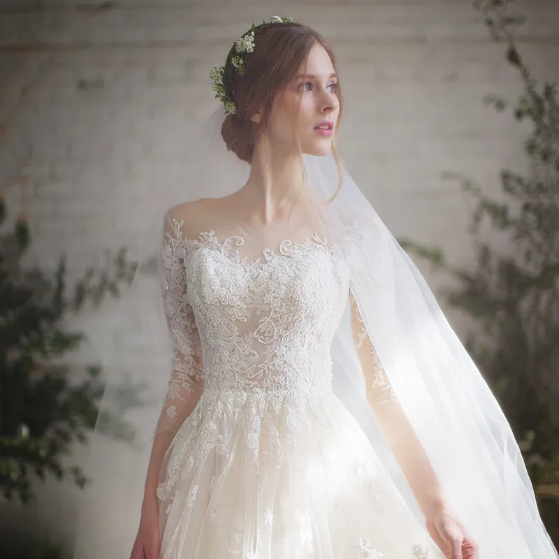 Elegant Long Sleeve Wedding Dress for Petite Brides, Simple Forest Fairy Dreamy Style with Train, Perfect for Spring Ceremonies thumbnail 1