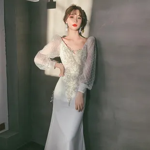 Elegant Long Sleeve Wedding Dress for Petite Brides, Simple Forest Fairy Dreamy Style with Train, Perfect for Spring Ceremonies showcase 4