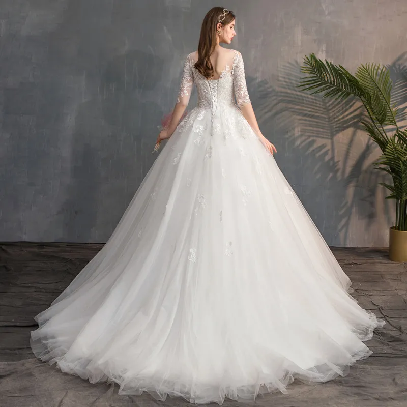 Elegant Long Sleeve Wedding Dress for Petite Brides, Simple Forest Fairy Dreamy Style with Train, Perfect for Spring Ceremonies thumbnail 6