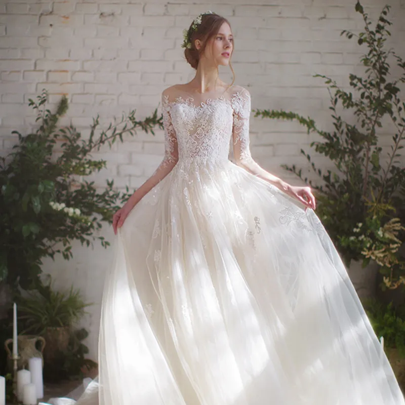 Elegant Long Sleeve Wedding Dress for Petite Brides, Simple Forest Fairy Dreamy Style with Train, Perfect for Spring Ceremonies thumbnail 7