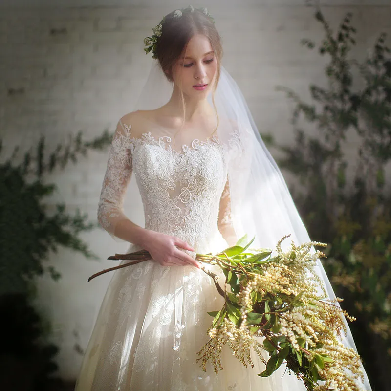 Elegant Long Sleeve Wedding Dress for Petite Brides, Simple Forest Fairy Dreamy Style with Train, Perfect for Spring Ceremonies thumbnail 3