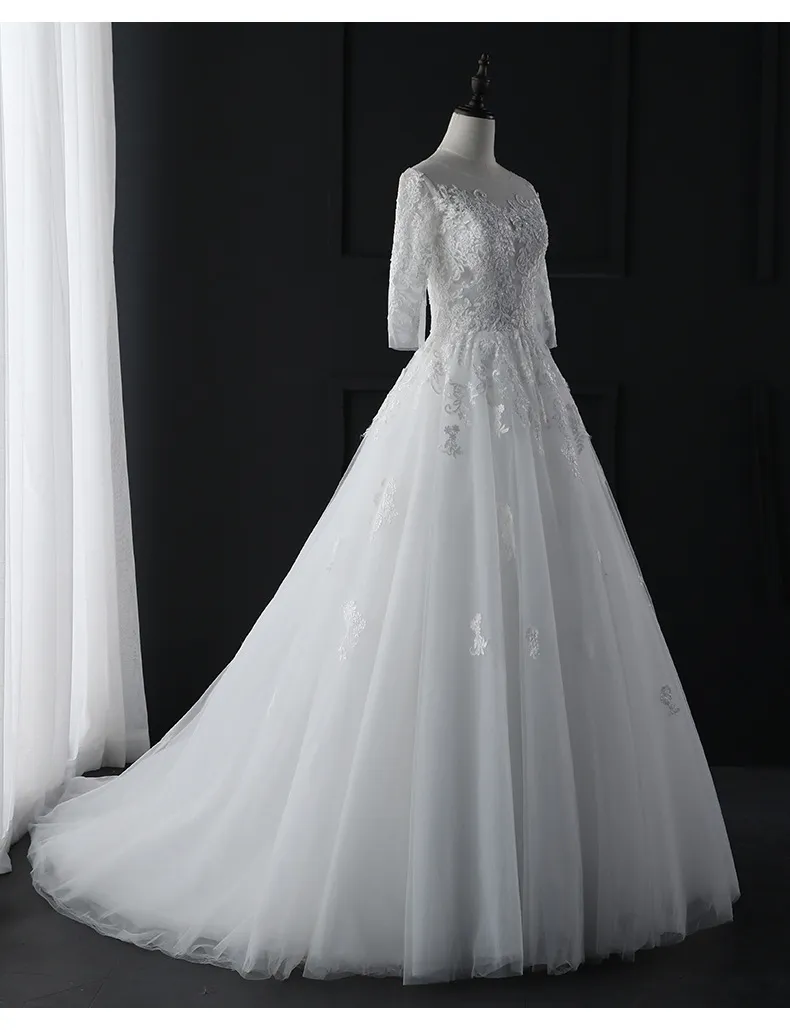 Elegant Long Sleeve Wedding Dress for Petite Brides, Simple Forest Fairy Dreamy Style with Train, Perfect for Spring Ceremonies showcase 17