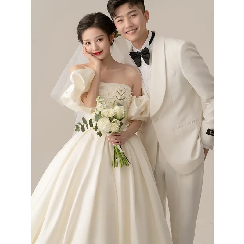 Elegant Strapless Satin Wedding Dress 2026 - Petite Bride Floor-Length Bridal Gown, Spring Collection Princess Style - Image 1