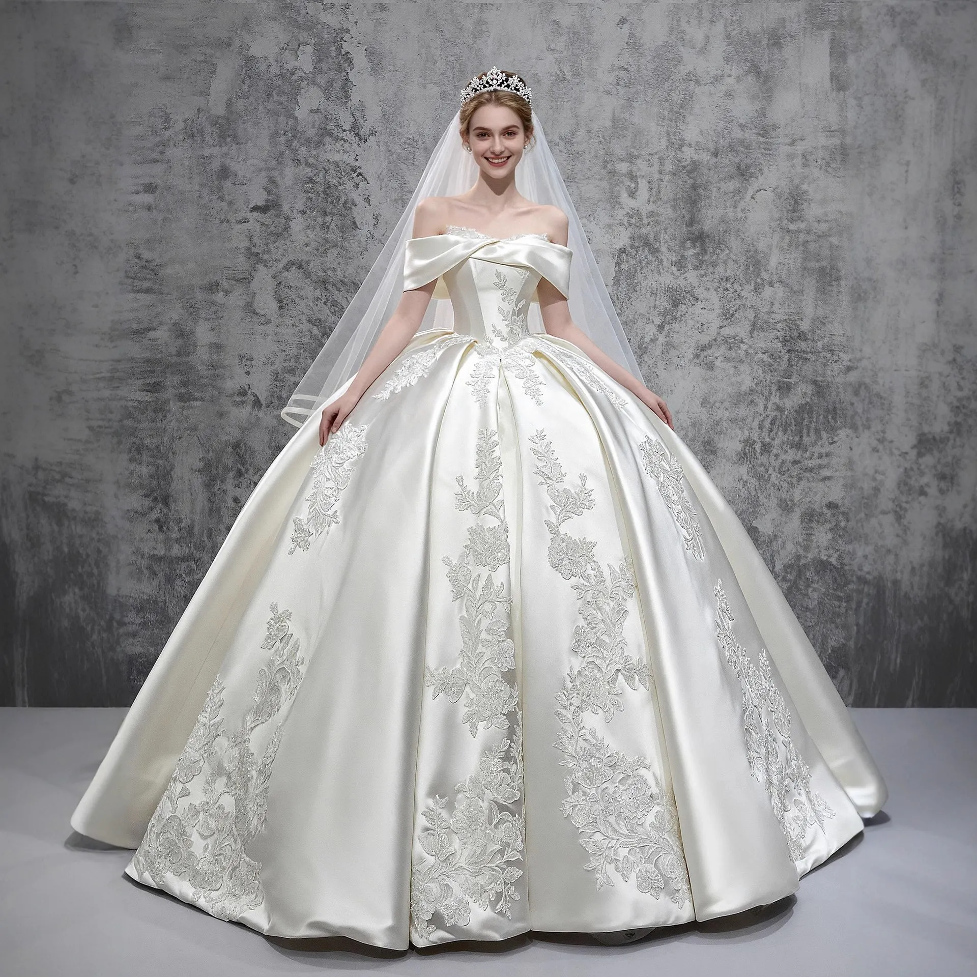 Elegant French Winter Wedding Dress 2025 - High-End Satin One-Shoulder Tail Gown for Brides thumbnail 5