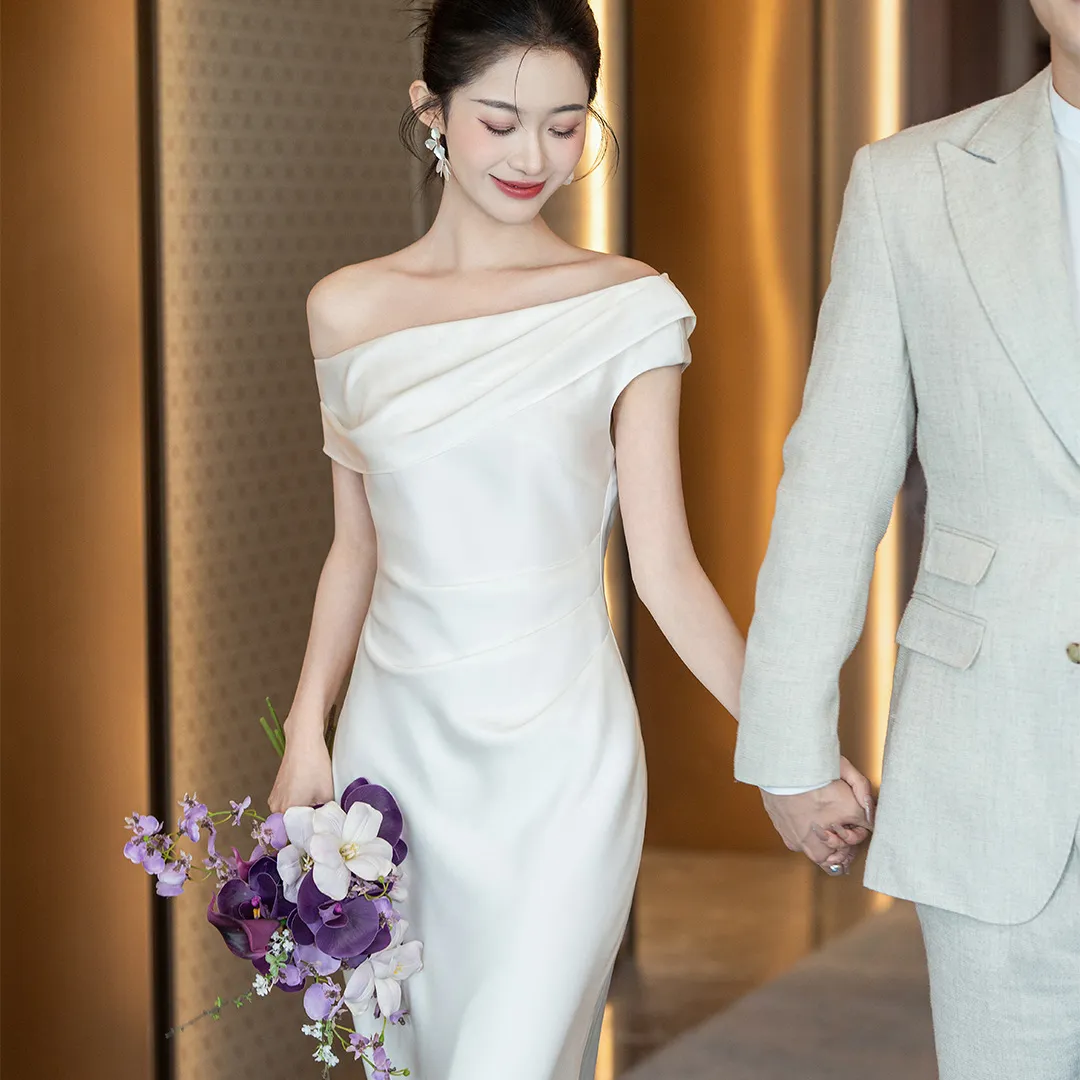 Elegant French Style Off-Shoulder Wedding Dress for Women - 2026 New Model High-End Engagement & Registration White Gown showcase 16