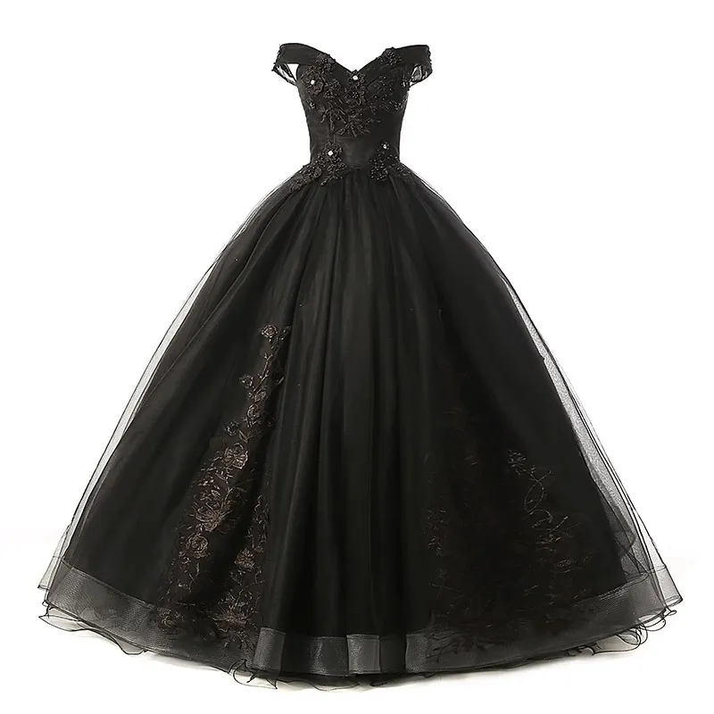 Elegant Black Off-Shoulder Wedding & Evening Dress for Women - Solo Host Performance & Studio Theme - Sophisticated Formal Gown thumbnail 5