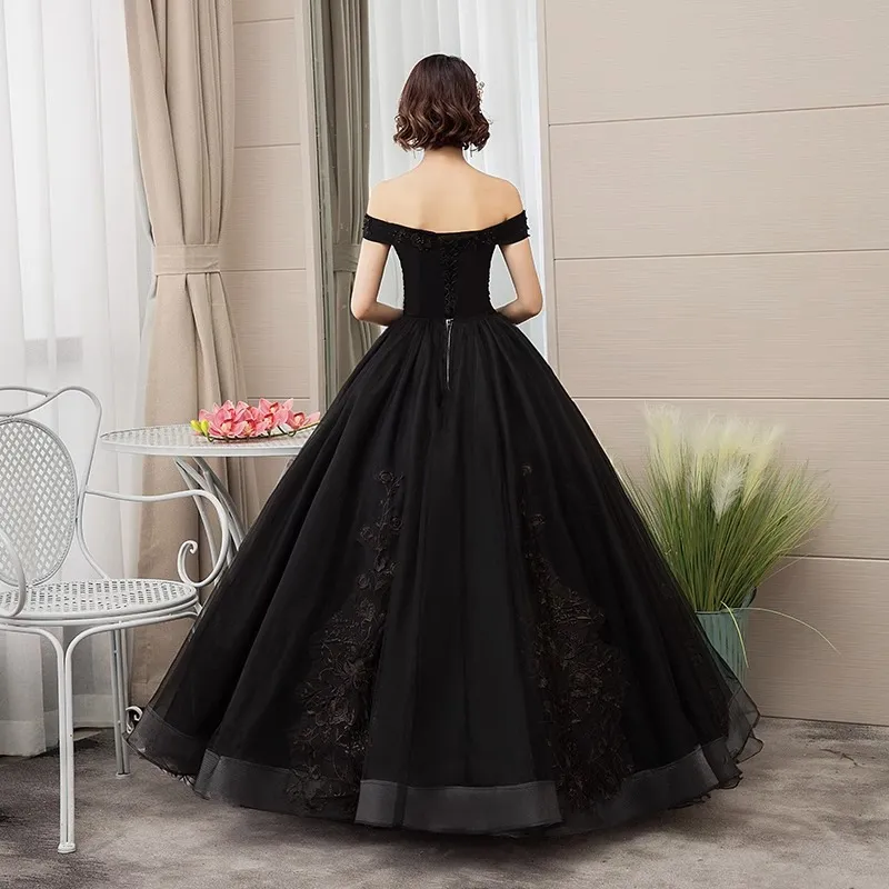 Elegant Black Off-Shoulder Wedding & Evening Dress for Women - Solo Host Performance & Studio Theme - Sophisticated Formal Gown thumbnail 4