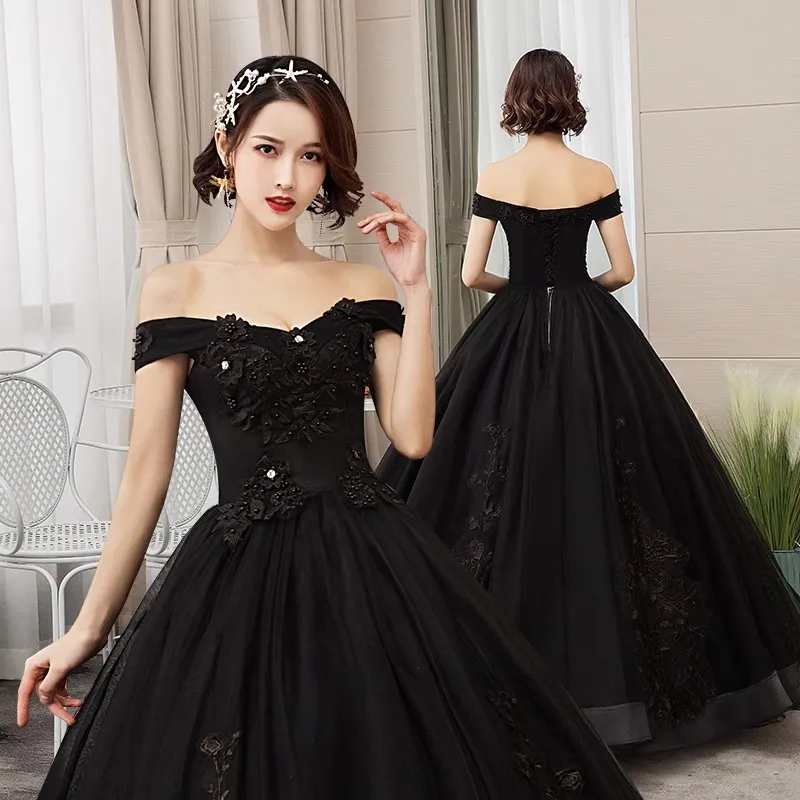 Elegant Black Off-Shoulder Wedding & Evening Dress for Women - Solo Host Performance & Studio Theme - Sophisticated Formal Gown thumbnail 1