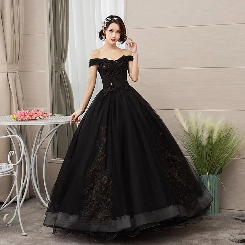 Elegant Black Off-Shoulder Wedding & Evening Dress for Women - Solo Host Performance & Studio Theme - Sophisticated Formal Gown thumbnail 2