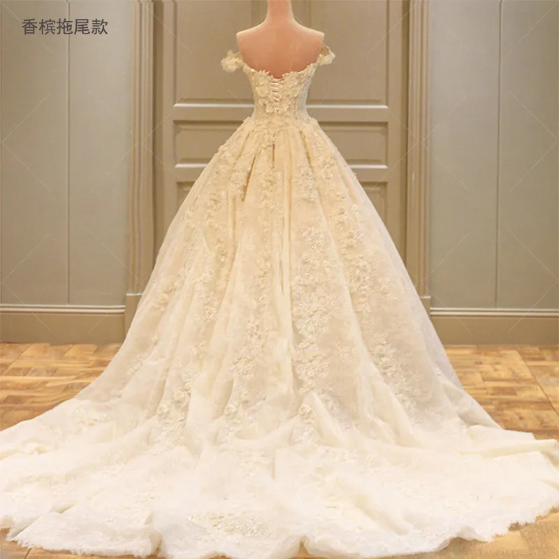 Champagne Off-the-Shoulder Wedding Dress with Train, 2026 Spring Plus-Size Korean Style Simple Floor-Length Bridal Gown for Elegant Ceremonies thumbnail 7