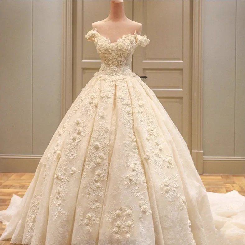 Champagne Off-the-Shoulder Wedding Dress with Train, 2026 Spring Plus-Size Korean Style Simple Floor-Length Bridal Gown for Elegant Ceremonies thumbnail 1