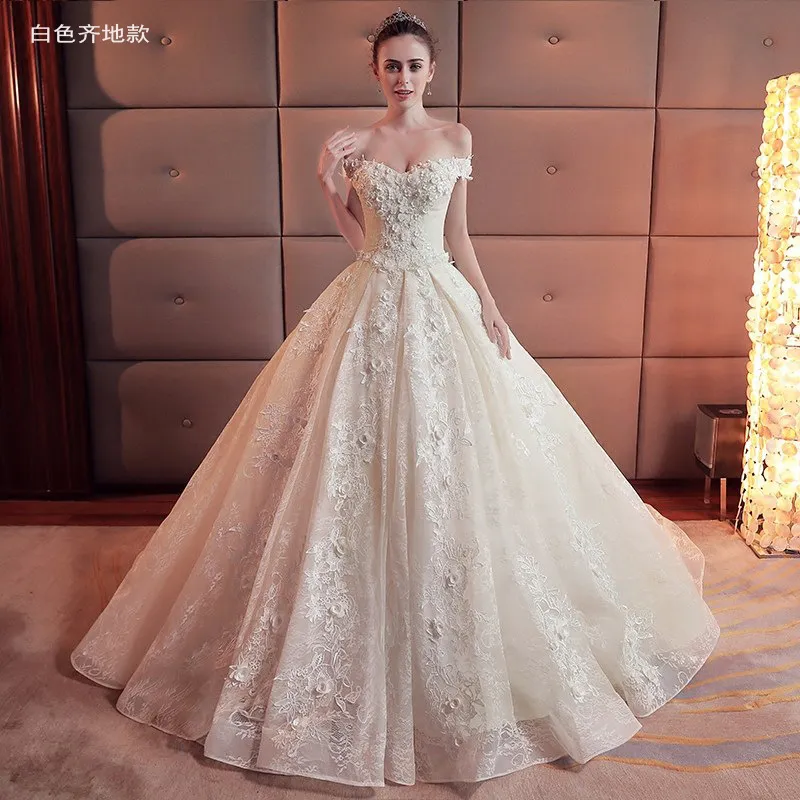 Champagne Off-the-Shoulder Wedding Dress with Train, 2026 Spring Plus-Size Korean Style Simple Floor-Length Bridal Gown for Elegant Ceremonies thumbnail 6