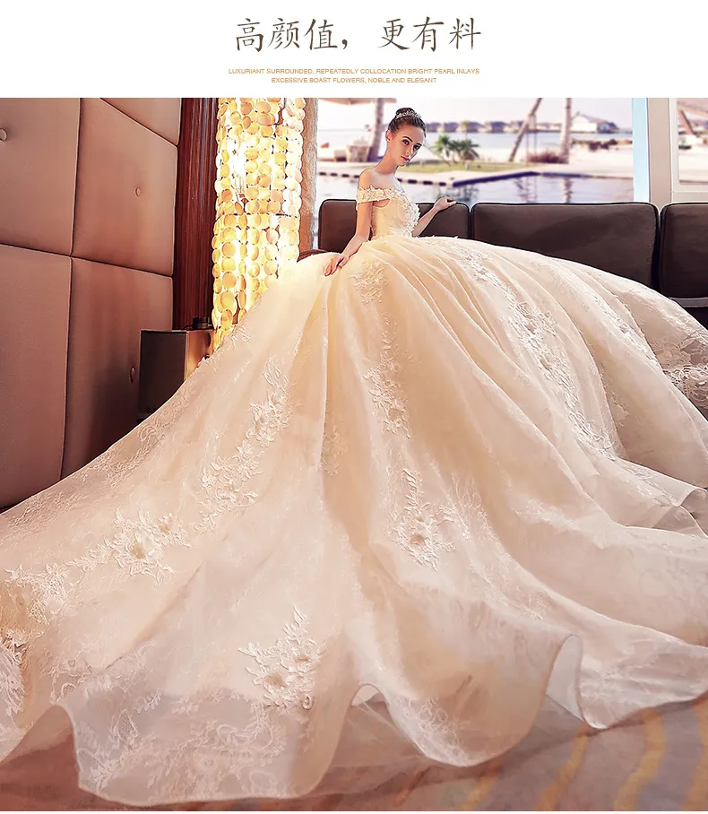Champagne Off-the-Shoulder Wedding Dress with Train, 2026 Spring Plus-Size Korean Style Simple Floor-Length Bridal Gown for Elegant Ceremonies showcase 5