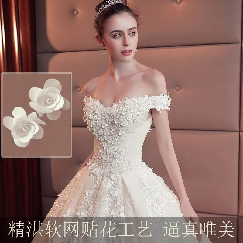 Champagne Off-the-Shoulder Wedding Dress with Train, 2026 Spring Plus-Size Korean Style Simple Floor-Length Bridal Gown for Elegant Ceremonies thumbnail 4