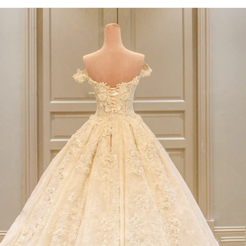 Champagne Off-the-Shoulder Wedding Dress with Train, 2026 Spring Plus-Size Korean Style Simple Floor-Length Bridal Gown for Elegant Ceremonies showcase 15