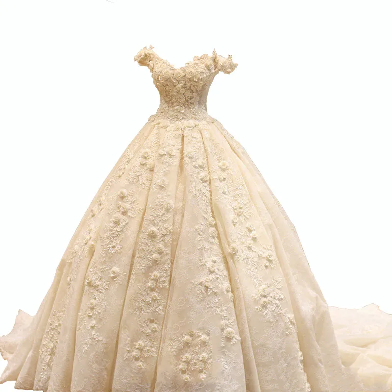 Champagne Off-the-Shoulder Wedding Dress with Train, 2026 Spring Plus-Size Korean Style Simple Floor-Length Bridal Gown for Elegant Ceremonies thumbnail 5