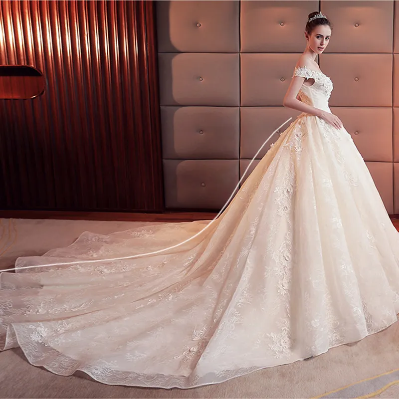 Champagne Off-the-Shoulder Wedding Dress with Train, 2026 Spring Plus-Size Korean Style Simple Floor-Length Bridal Gown for Elegant Ceremonies thumbnail 3