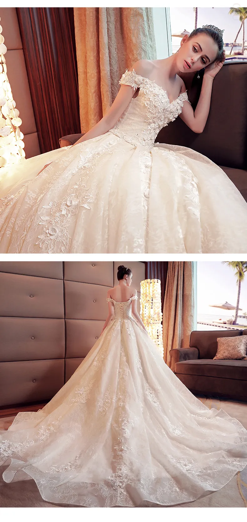Champagne Off-the-Shoulder Wedding Dress with Train, 2026 Spring Plus-Size Korean Style Simple Floor-Length Bridal Gown for Elegant Ceremonies showcase 19