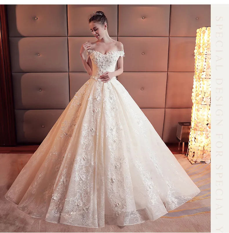 Champagne Off-the-Shoulder Wedding Dress with Train, 2026 Spring Plus-Size Korean Style Simple Floor-Length Bridal Gown for Elegant Ceremonies showcase 18