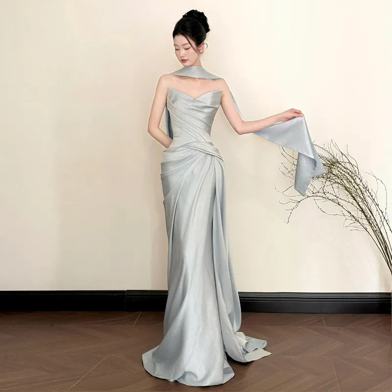Elegant French-Style Bridal Morning Robe for Women, Luxury Wedding Veil & Engagement Toast Dress, Birthday Strapless Gown thumbnail 1
