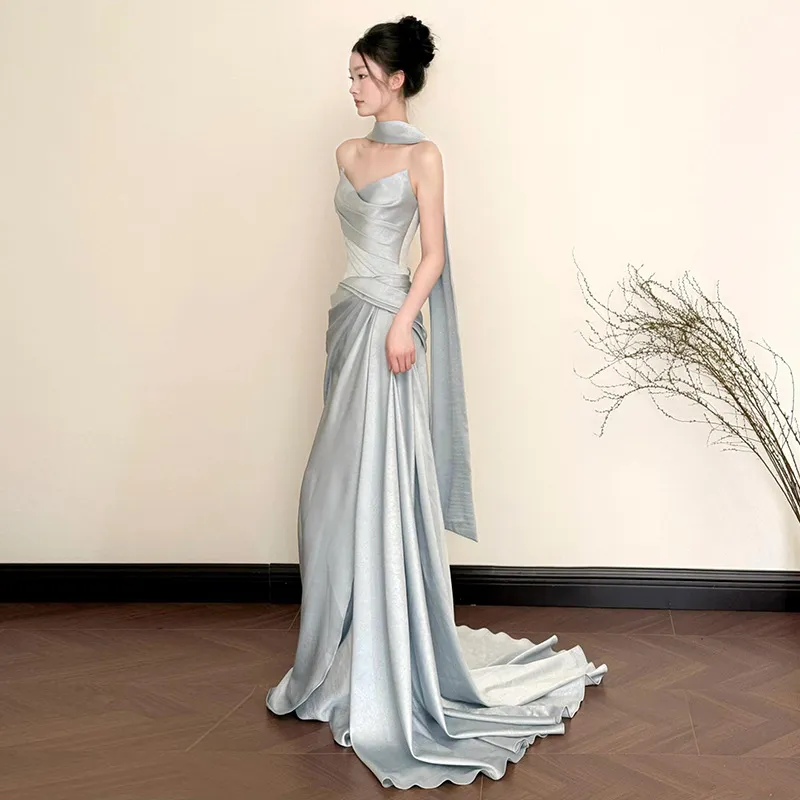 Elegant French-Style Bridal Morning Robe for Women, Luxury Wedding Veil & Engagement Toast Dress, Birthday Strapless Gown thumbnail 6