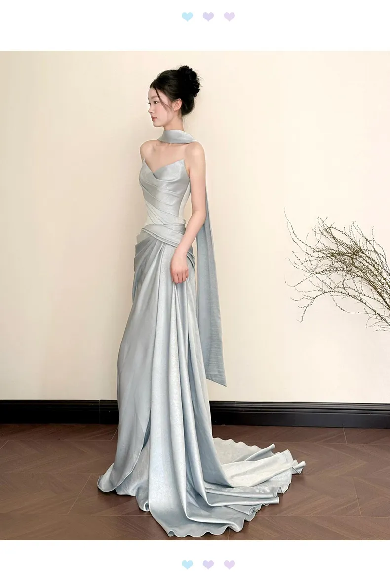 Elegant French-Style Bridal Morning Robe for Women, Luxury Wedding Veil & Engagement Toast Dress, Birthday Strapless Gown showcase 13