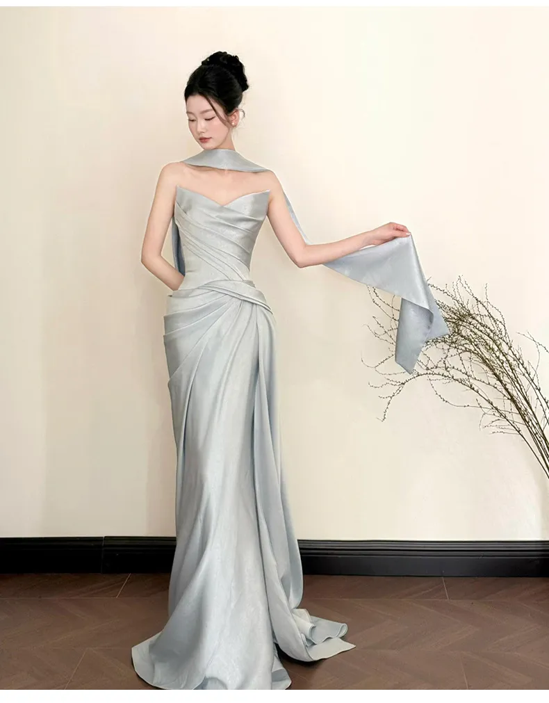 Elegant French-Style Bridal Morning Robe for Women, Luxury Wedding Veil & Engagement Toast Dress, Birthday Strapless Gown showcase 12