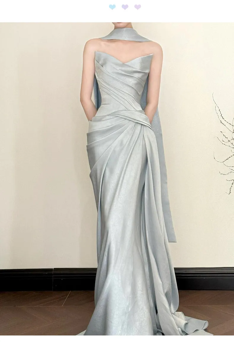Elegant French-Style Bridal Morning Robe for Women, Luxury Wedding Veil & Engagement Toast Dress, Birthday Strapless Gown showcase 16