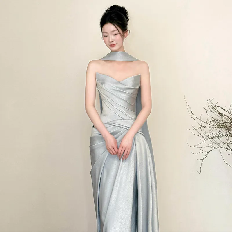 Elegant French-Style Bridal Morning Robe for Women, Luxury Wedding Veil & Engagement Toast Dress, Birthday Strapless Gown thumbnail 4