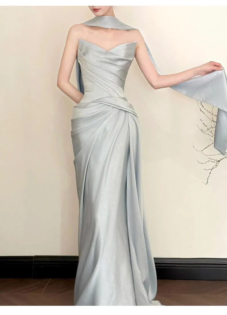 Elegant French-Style Bridal Morning Robe for Women, Luxury Wedding Veil & Engagement Toast Dress, Birthday Strapless Gown showcase 15