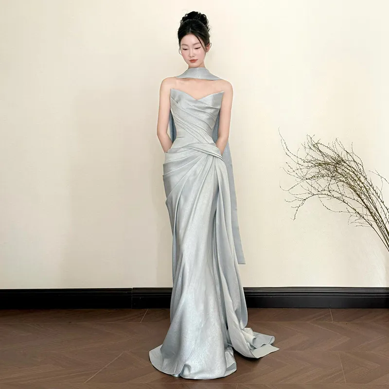 Elegant French-Style Bridal Morning Robe for Women, Luxury Wedding Veil & Engagement Toast Dress, Birthday Strapless Gown thumbnail 3