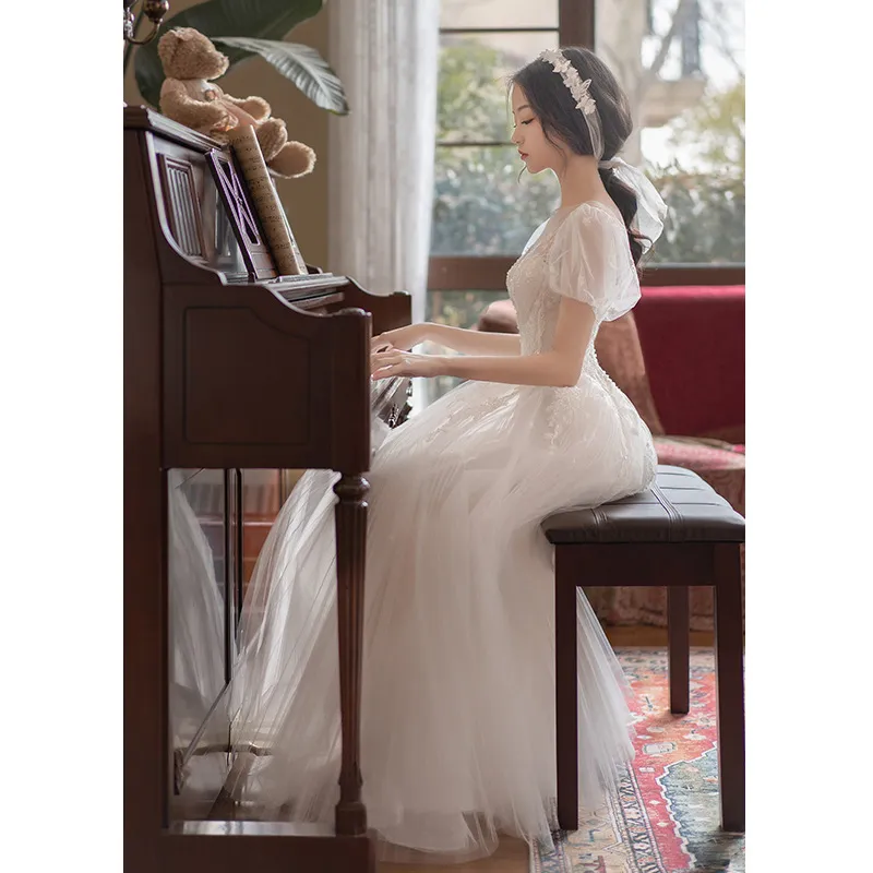 Elegant White Long Evening Gown Wedding Dress for Women, Super Fairy-Like Socialite Style for Banquets, Engagements, and Parties thumbnail 3