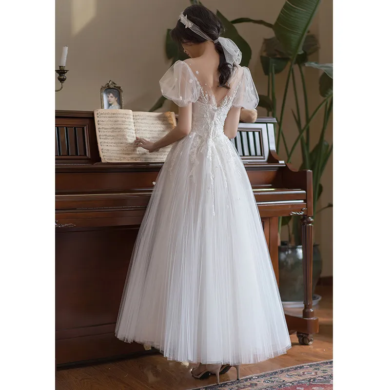 Elegant White Long Evening Gown Wedding Dress for Women, Super Fairy-Like Socialite Style for Banquets, Engagements, and Parties thumbnail 5