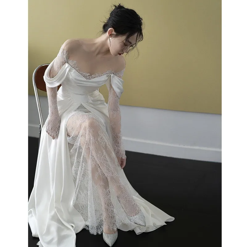 Elegant French Lace Bridal Wedding Dress with Small Tail, Retro 2025 Design, Simple Fairy Style for Travel and Photography thumbnail 1