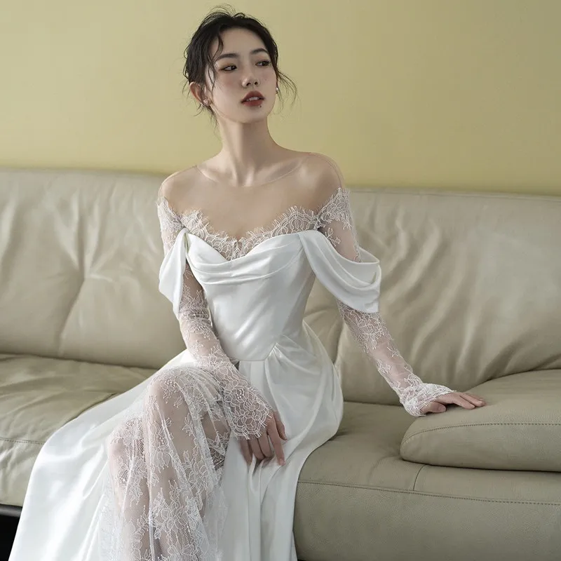 Elegant French Lace Bridal Wedding Dress with Small Tail, Retro 2025 Design, Simple Fairy Style for Travel and Photography thumbnail 2