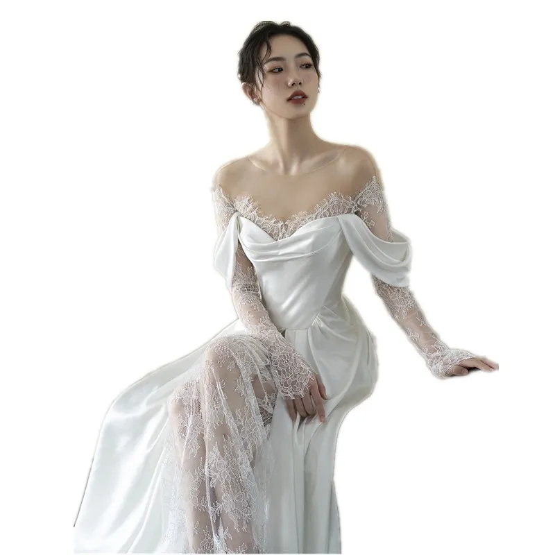 Elegant French Lace Bridal Wedding Dress with Small Tail, Retro 2025 Design, Simple Fairy Style for Travel and Photography thumbnail 5
