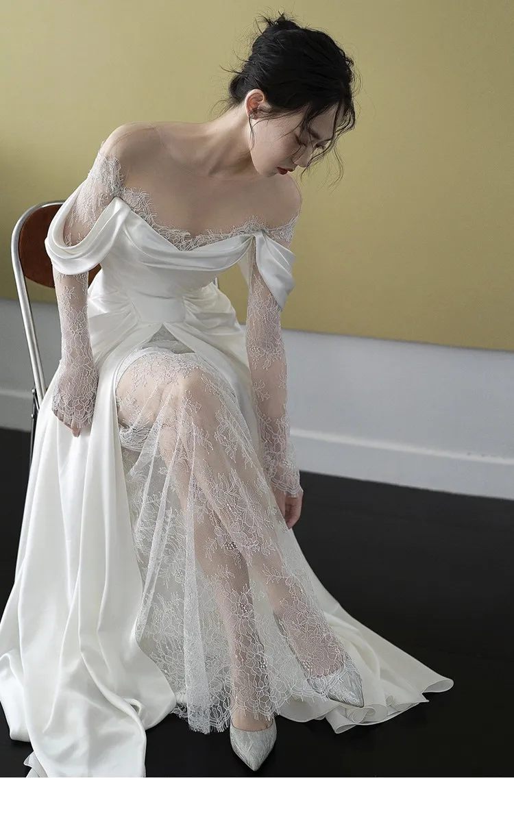 Elegant French Lace Bridal Wedding Dress with Small Tail, Retro 2025 Design, Simple Fairy Style for Travel and Photography showcase 5
