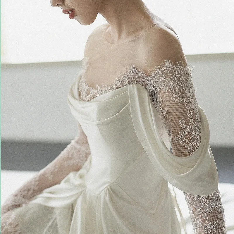 Elegant French Lace Bridal Wedding Dress with Small Tail, Retro 2025 Design, Simple Fairy Style for Travel and Photography thumbnail 3