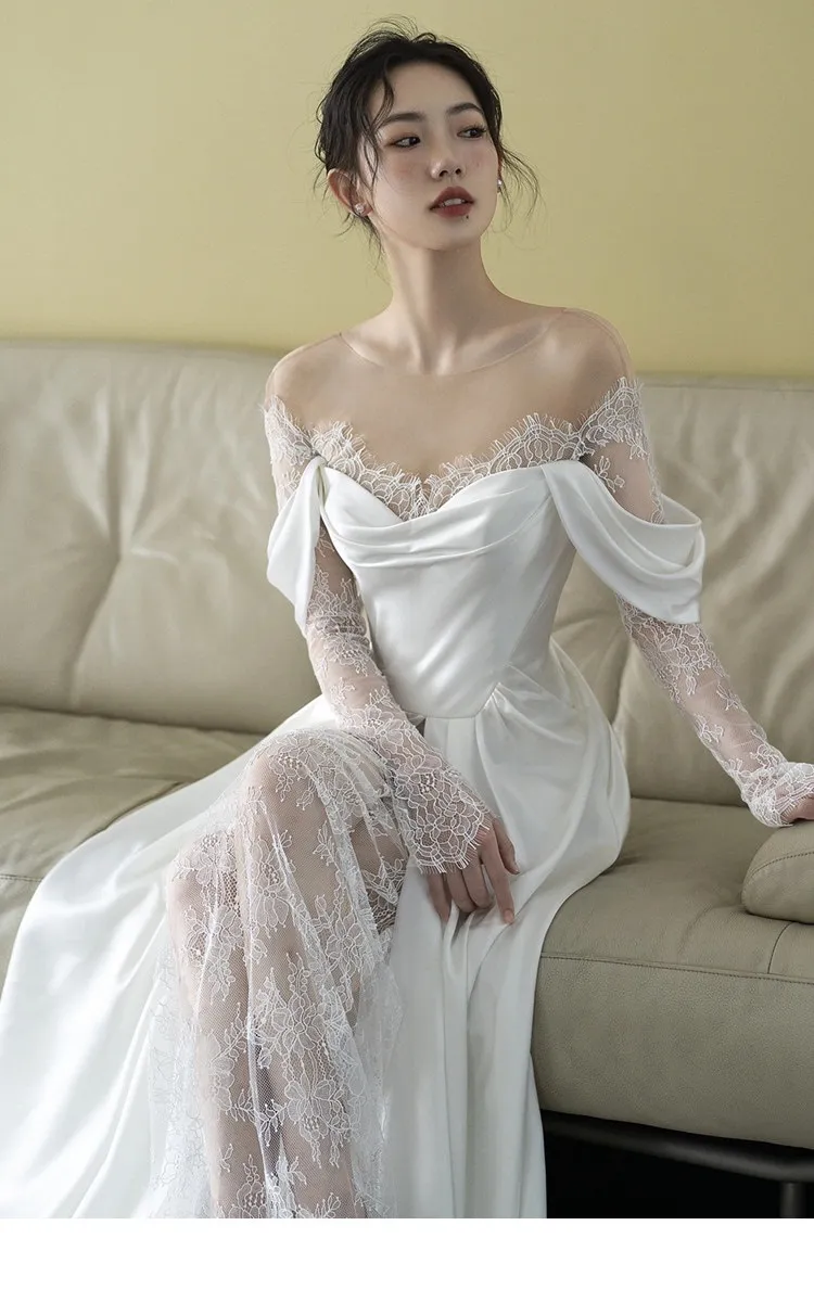 Elegant French Lace Bridal Wedding Dress with Small Tail, Retro 2025 Design, Simple Fairy Style for Travel and Photography showcase 3