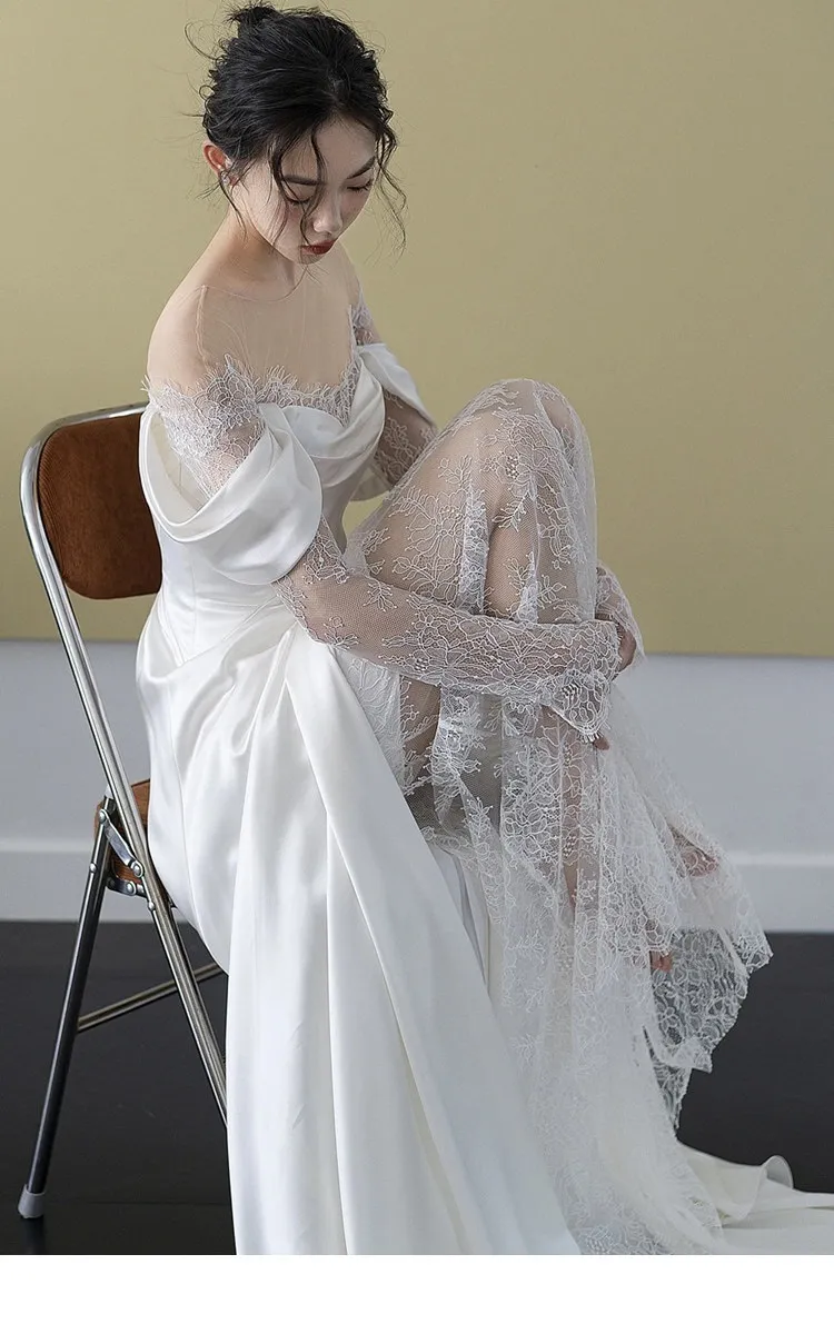 Elegant French Lace Bridal Wedding Dress with Small Tail, Retro 2025 Design, Simple Fairy Style for Travel and Photography showcase 7