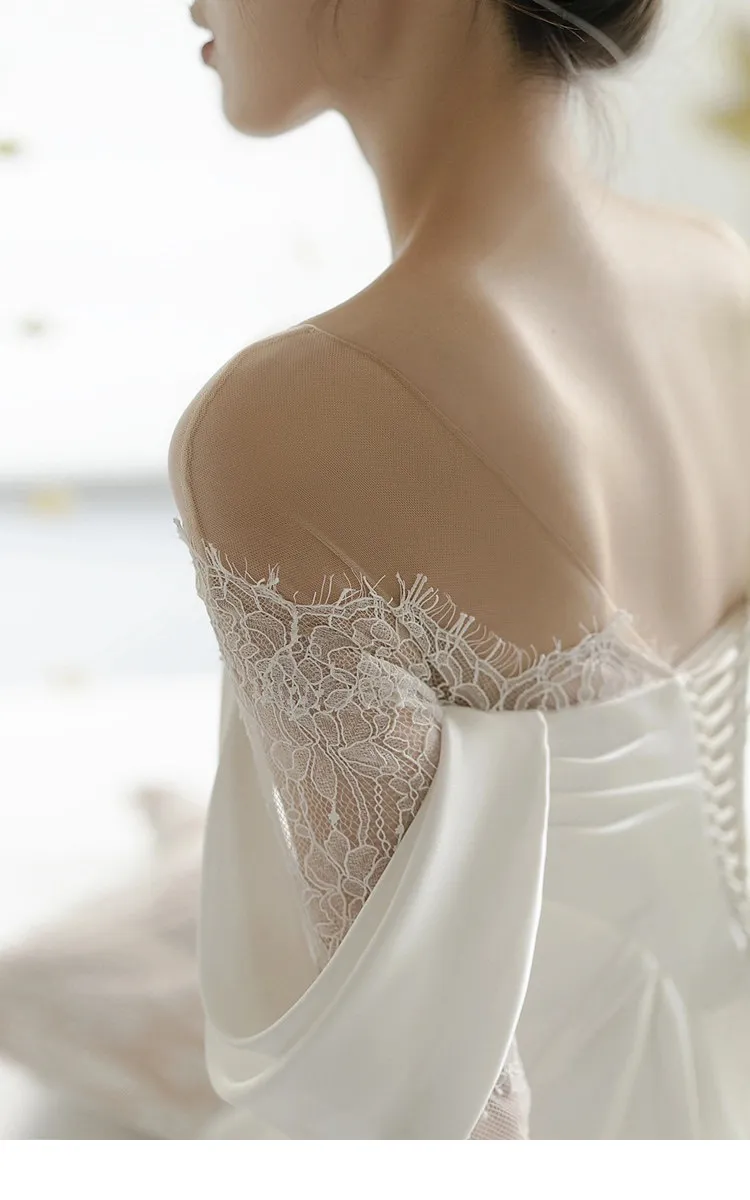 Elegant French Lace Bridal Wedding Dress with Small Tail, Retro 2025 Design, Simple Fairy Style for Travel and Photography showcase 6